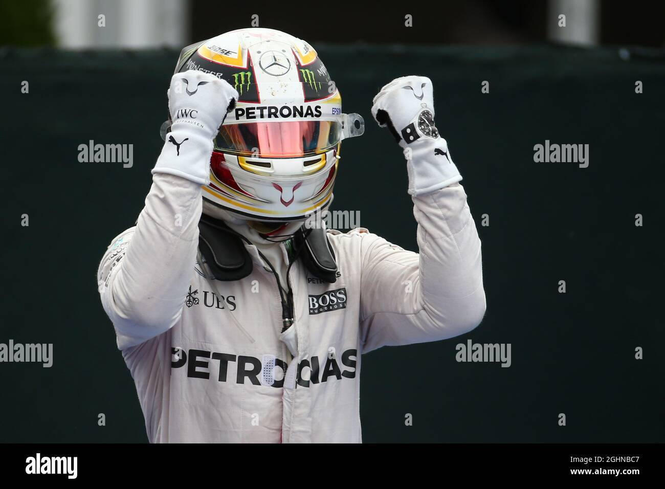 Race winner Lewis Hamilton (GBR) Mercedes AMG F1 celebrates in parc ...