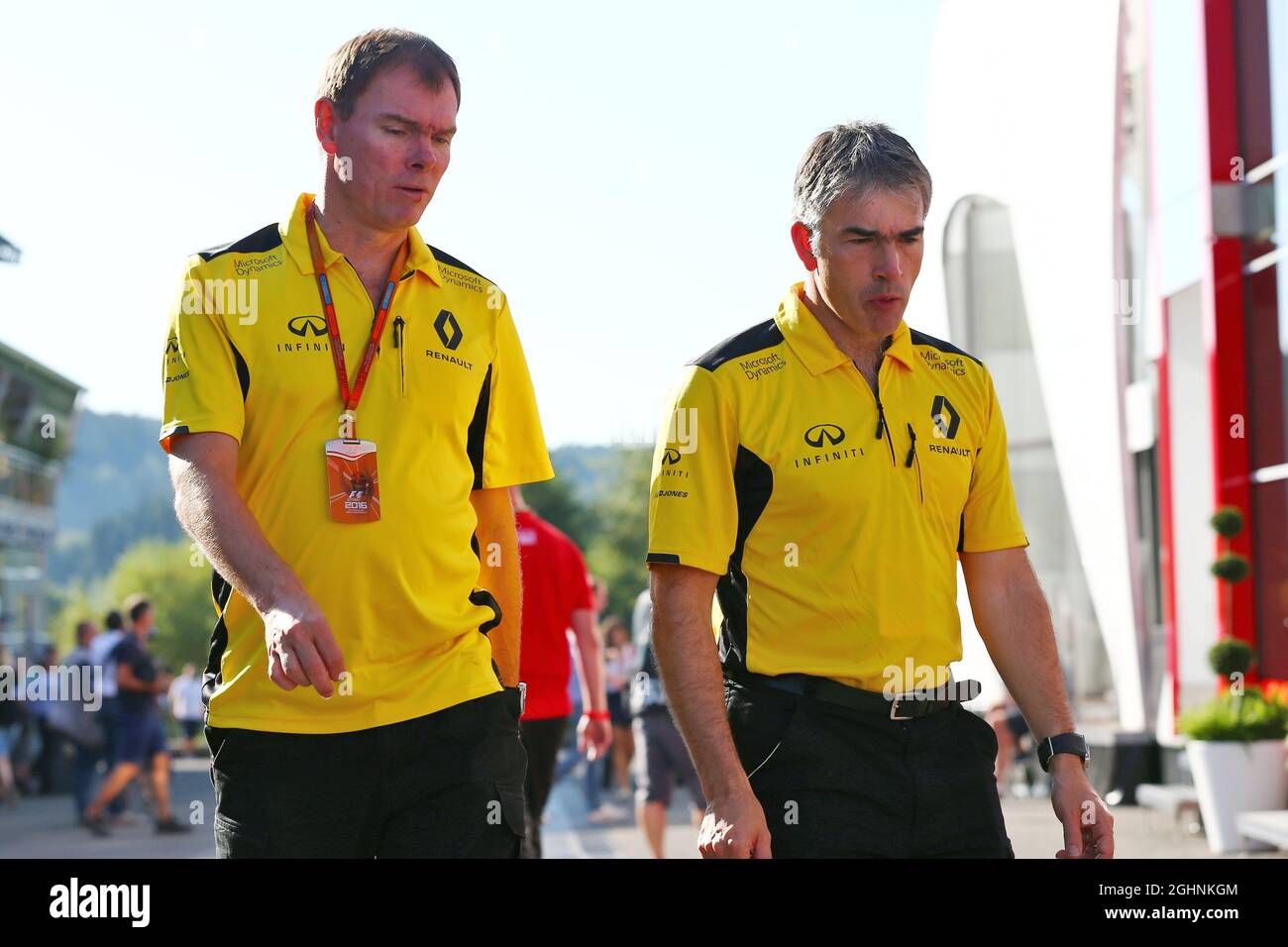 (L to R): Alan Permane (GBR) Renault Sport F1 Team Trackside Operations Director with Nick Chester (GBR) Renault Sport F1 Team Chassis Technical Director.  28.08.2016. Formula 1 World Championship, Rd 13, Belgian Grand Prix, Spa Francorchamps, Belgium, Race Day.  Photo credit should read: XPB/Press Association Images. Stock Photo