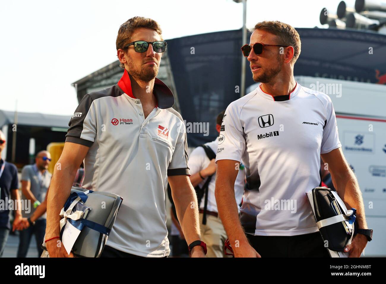 L to R): Romain Grosjean (FRA) Haas F1 Team with Jenson L to R): Romain Grosjean (FRA) Haas F1 Team with Jenson