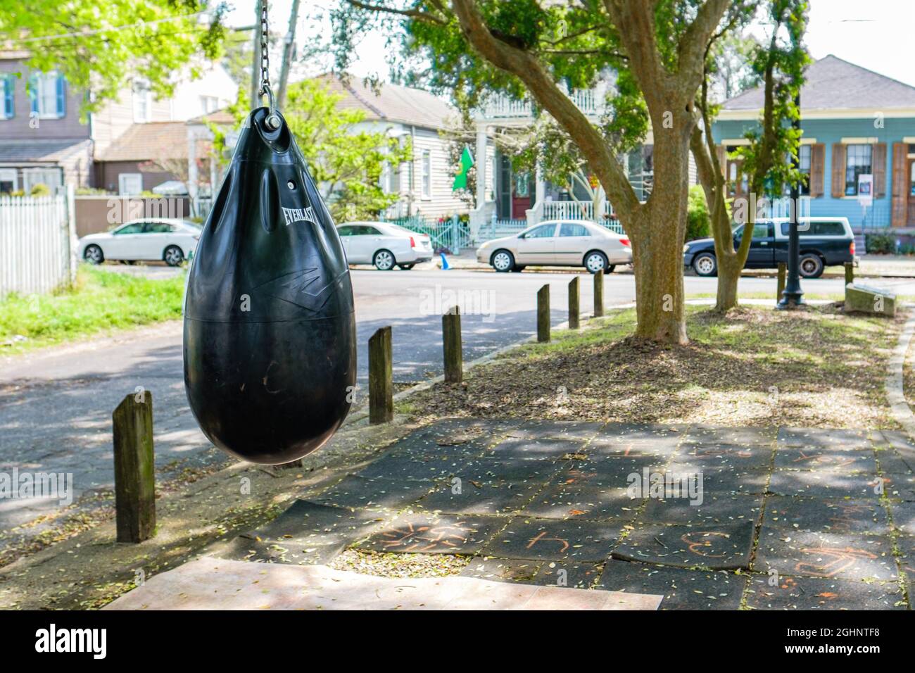 NEW ORLEANS, LA, USA - MARCH 15, 2020: Outdoor punching bag in Algiers park Stock Photo