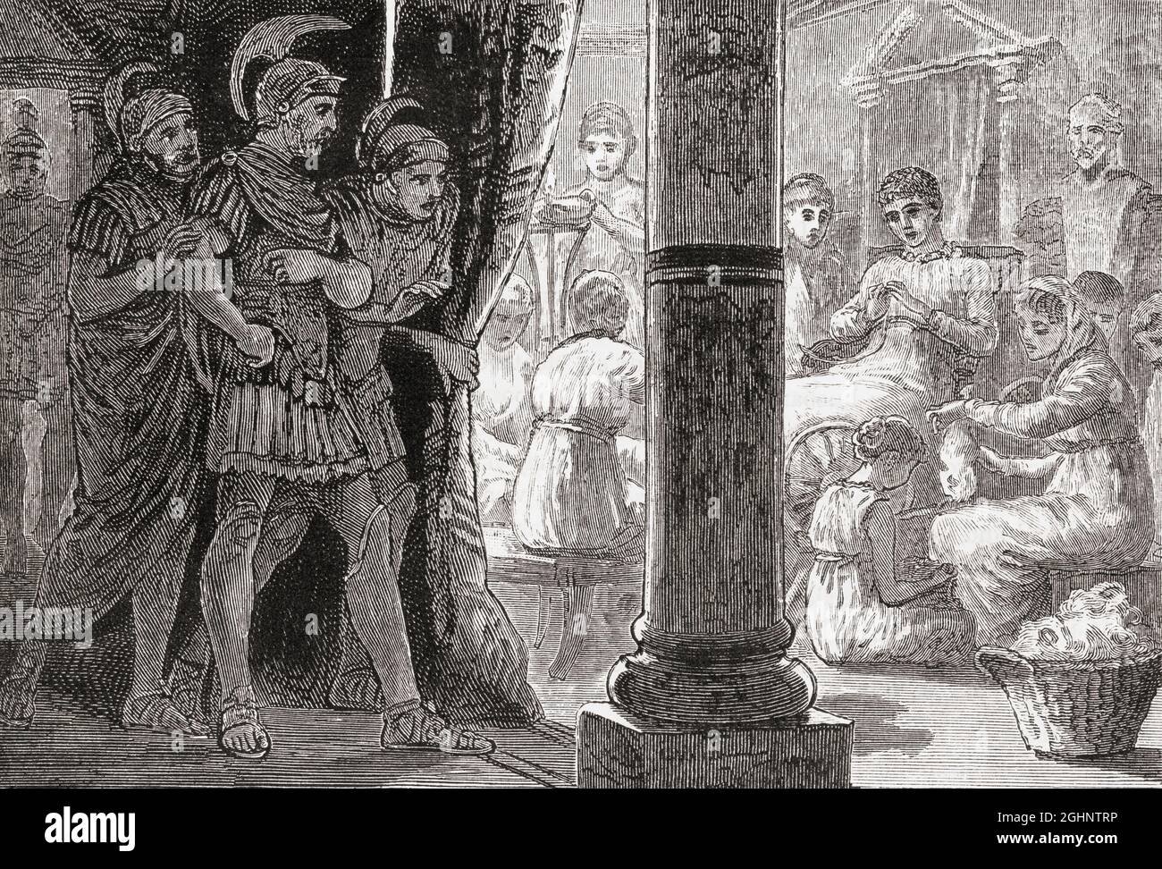 Lucretia with her maidens.  Lucretia, d.510 BC,  Roman heroine who committed suicide after being raped by Sextus Tarquinius (Tarquin), son of the last king of Rome, Lucius Tarquinius Superbus.  From Cassell's Illustrated Universal History, published 1883. Stock Photo