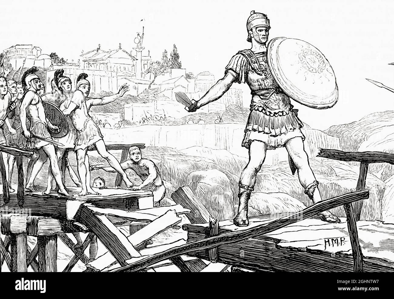 Publius Horatius Cocles, an officer in the army of the early Roman Republic defending the Pons Sublicius from the invading army of Etruscan King Lars Porsena of Clusium in the late 6th century BC, during the war between Rome and Clusium.   He defended the narrow end of the bridge and held off the attackers thus allowing his comrades to destroy the bridge behind him.  From Cassell's Illustrated Universal History, published 1883. Stock Photo