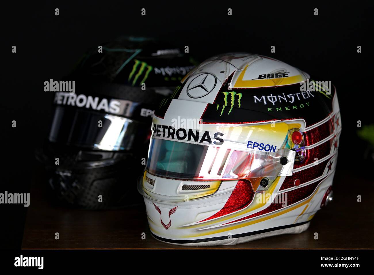 The helmets of Lewis Hamilton GBR Mercedes AMG F1 and Nico