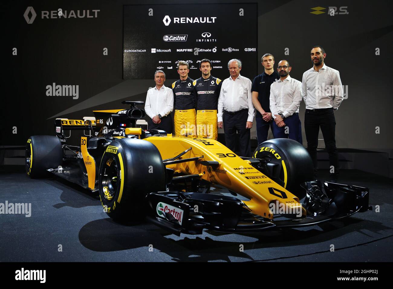 (L to R): Bob Bell (GBR) Renault Sport F1 Team Chief Technical Officer; Nico Hulkenberg (GER) Renault Sport F1 Team; Jolyon Palmer (GBR) Renault Sport F1 Team; Jerome Stoll (FRA) Renault Sport F1 President; Sergey Sirotkin (RUS) Renault Sport F1 Team Third Driver; Thierry Koskas, Renault Executive Vice President of Sales and Marketing; Cyril Abiteboul (FRA) Renault Sport F1 Managing Director, and the Renault Sport F1 Team RS17.  21.02.2017. Renault Sport Formula One Team RS17 Launch, Royal Horticultural Society Headquarters, London, England.  Photo credit should read: XPB/Press Association Ima Stock Photo