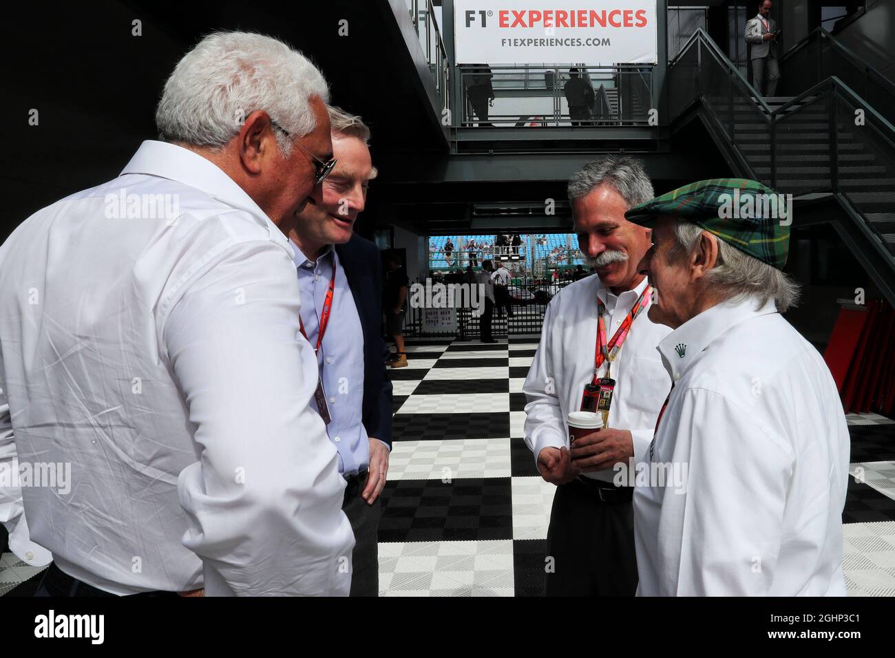 (L to R): Lawrence Stroll (CDN) Businessman with Sean Bratches, Formula 1 Managing Director, Commercial Operations; Chase Carey (USA) Formula One Group Chairman; and Jackie Stewart (GBR).  26.03.2017. Formula 1 World Championship, Rd 1, Australian Grand Prix, Albert Park, Melbourne, Australia, Race Day.  Photo credit should read: XPB/Press Association Images. Stock Photo