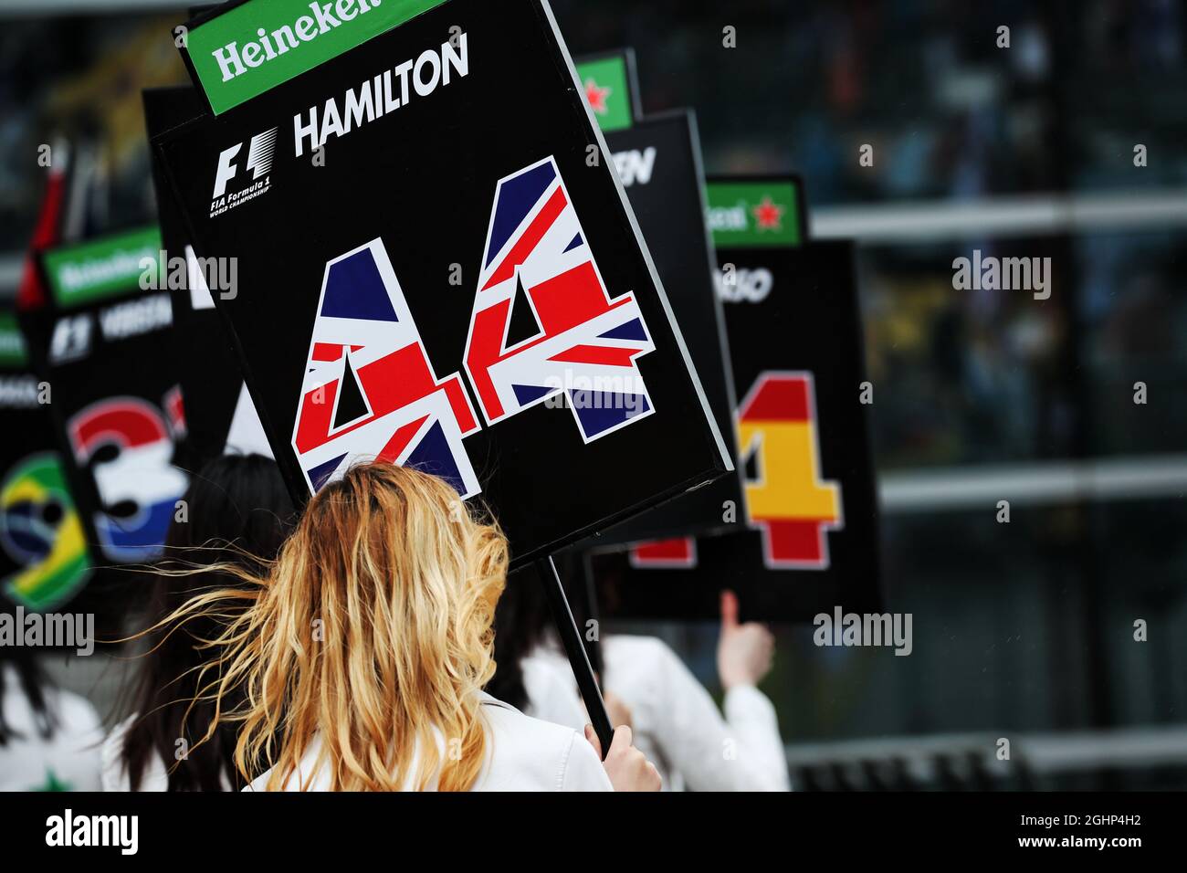 Grid girl for Lewis Hamilton (GBR) Mercedes AMG F1.  09.04.2017. Formula 1 World Championship, Rd 2, Chinese Grand Prix, Shanghai, China, Race Day.  Photo credit should read: XPB/Press Association Images. Stock Photo
