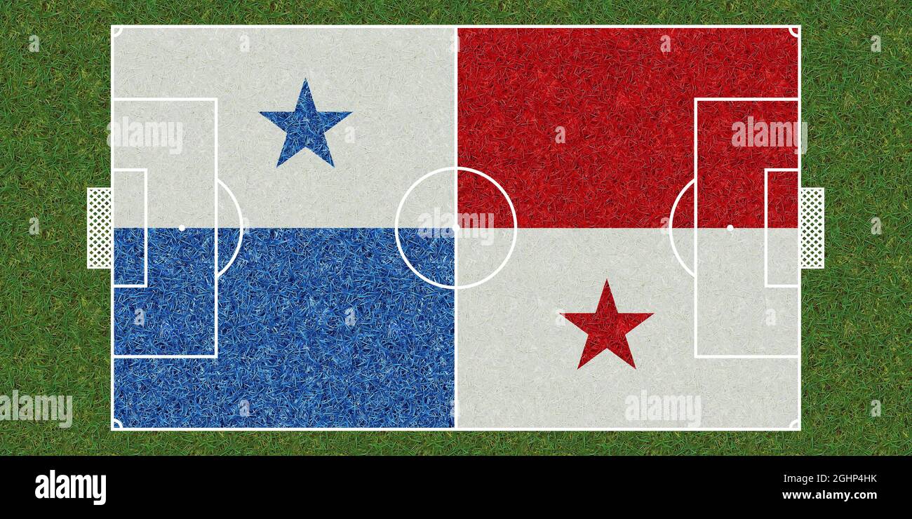 Top view of Green grass soccer field with flag of Panama. football