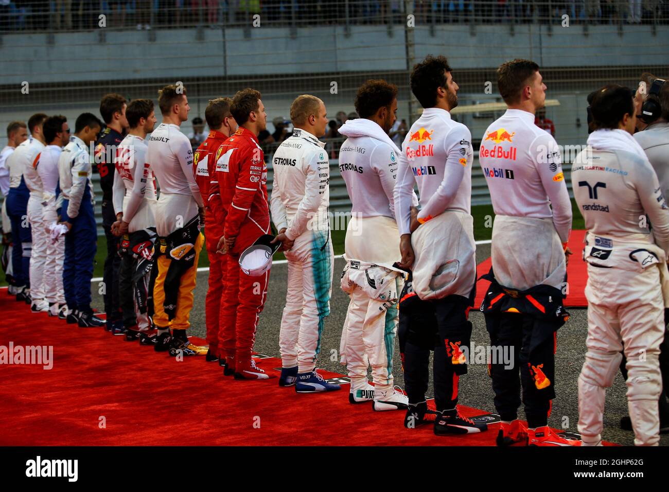 Bahrain Racing Grid Drivers as the grid observes the national anthem. 16.04.2017. Formula 1 ...