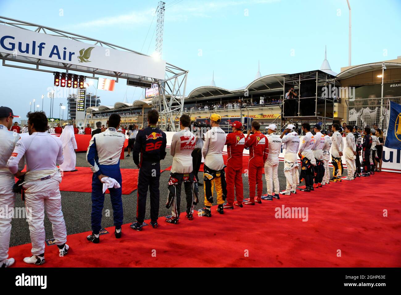 Bahrain Racing Grid Drivers as the grid observes the national anthem. 16.04.2017. Formula 1 ...