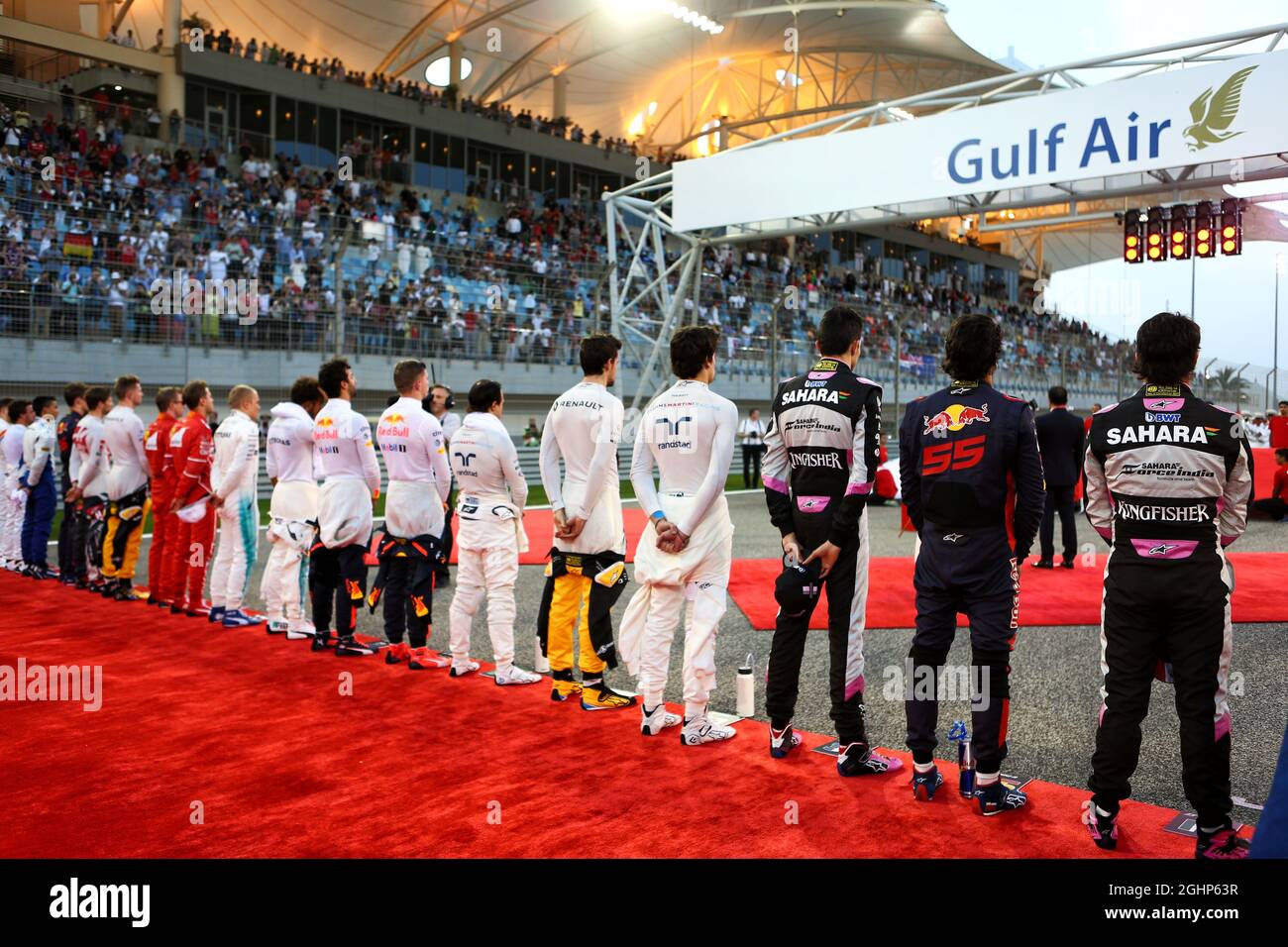 Bahrain Racing Grid Drivers as the grid observes the national anthem. 16.04.2017. Formula 1 ...