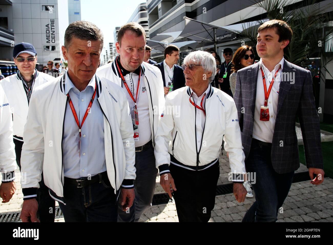 Bernie Ecclestone (GBR) (Centre) with Dmitry Kozak (RUS) Russian Deputy Prime Minister (Left) and Sergey Vorobyev (RUS) Deputy General Director, OJSC Centre Omega (Sochi Circuit) and Russian GP Promoter (Right).  29.04.2017. Formula 1 World Championship, Rd 4, Russian Grand Prix, Sochi Autodrom, Sochi, Russia, Qualifying Day.  Photo credit should read: XPB/Press Association Images. Stock Photo
