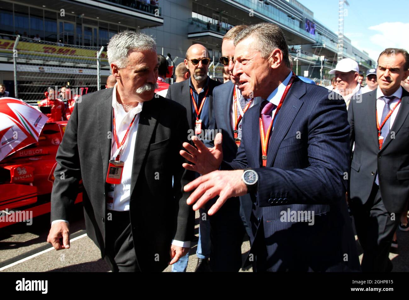 (L to R): Chase Carey (USA) Formula One Group Chairman with Dmitry Kozak (RUS) Russian Deputy Prime Minister on the grid.  30.04.2017. Formula 1 World Championship, Rd 4, Russian Grand Prix, Sochi Autodrom, Sochi, Russia, Race Day.  Photo credit should read: XPB/Press Association Images. Stock Photo