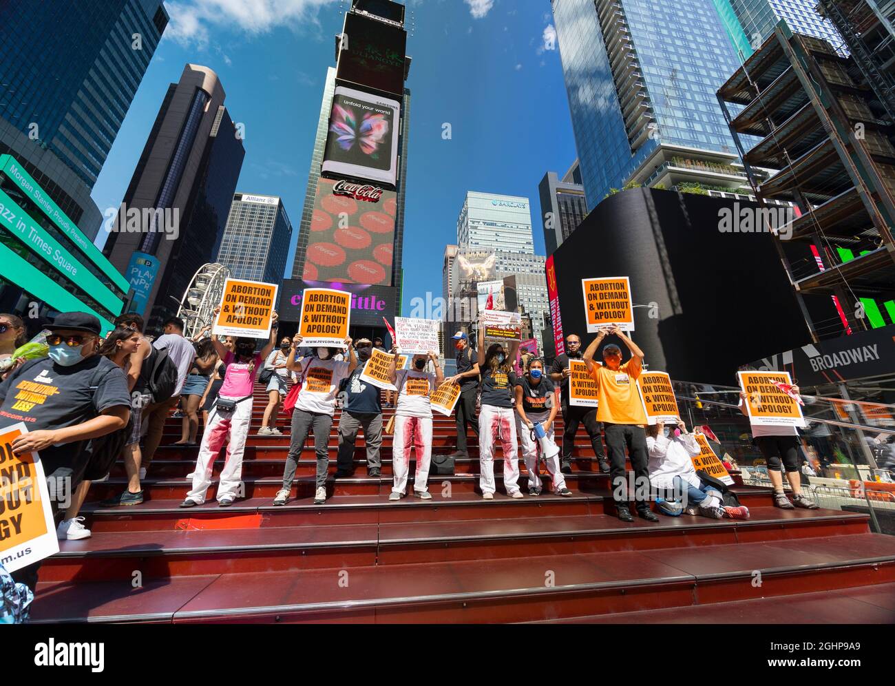 Protesters against Texas Bans Abortion Laws, who gather and demonstrate in Times Square on Saturday afternoon on September 4, 2021 in New York City NY Stock Photo