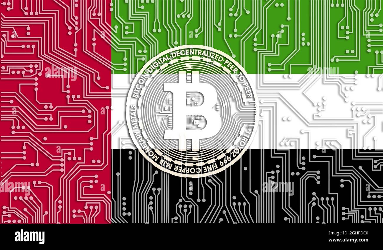 flag of United Arab Emirates and bitcoin, Integrated Circuit Board pattern.  Bitcoin Stock Growth. Conceptual image for investors in cryptocurrency and  Stock Photo - Alamy