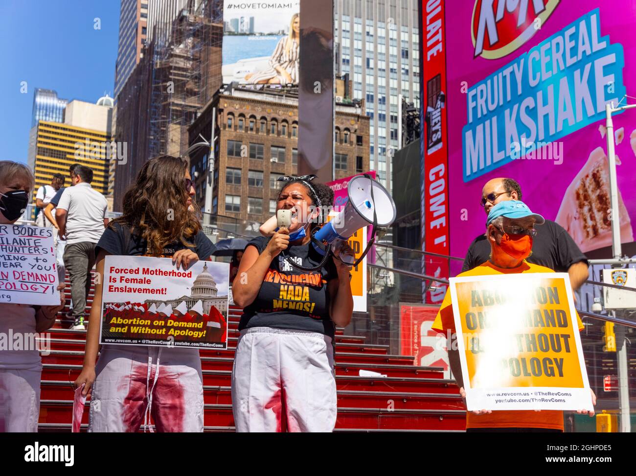 Protesters against Texas Bans Abortion Laws, who gather and demonstrate in Times Square on Saturday afternoon on September 4, 2021 in New York City NY Stock Photo