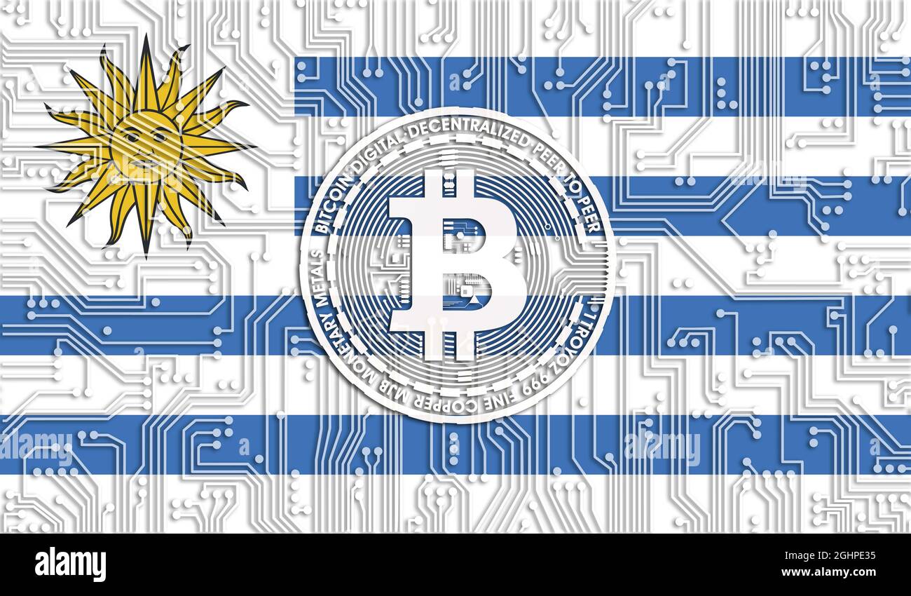 flag of Uruguay and bitcoin, Integrated Circuit Board pattern. Bitcoin  Stock Growth. Conceptual image for investors in cryptocurrency and  Blockchain T Stock Photo - Alamy