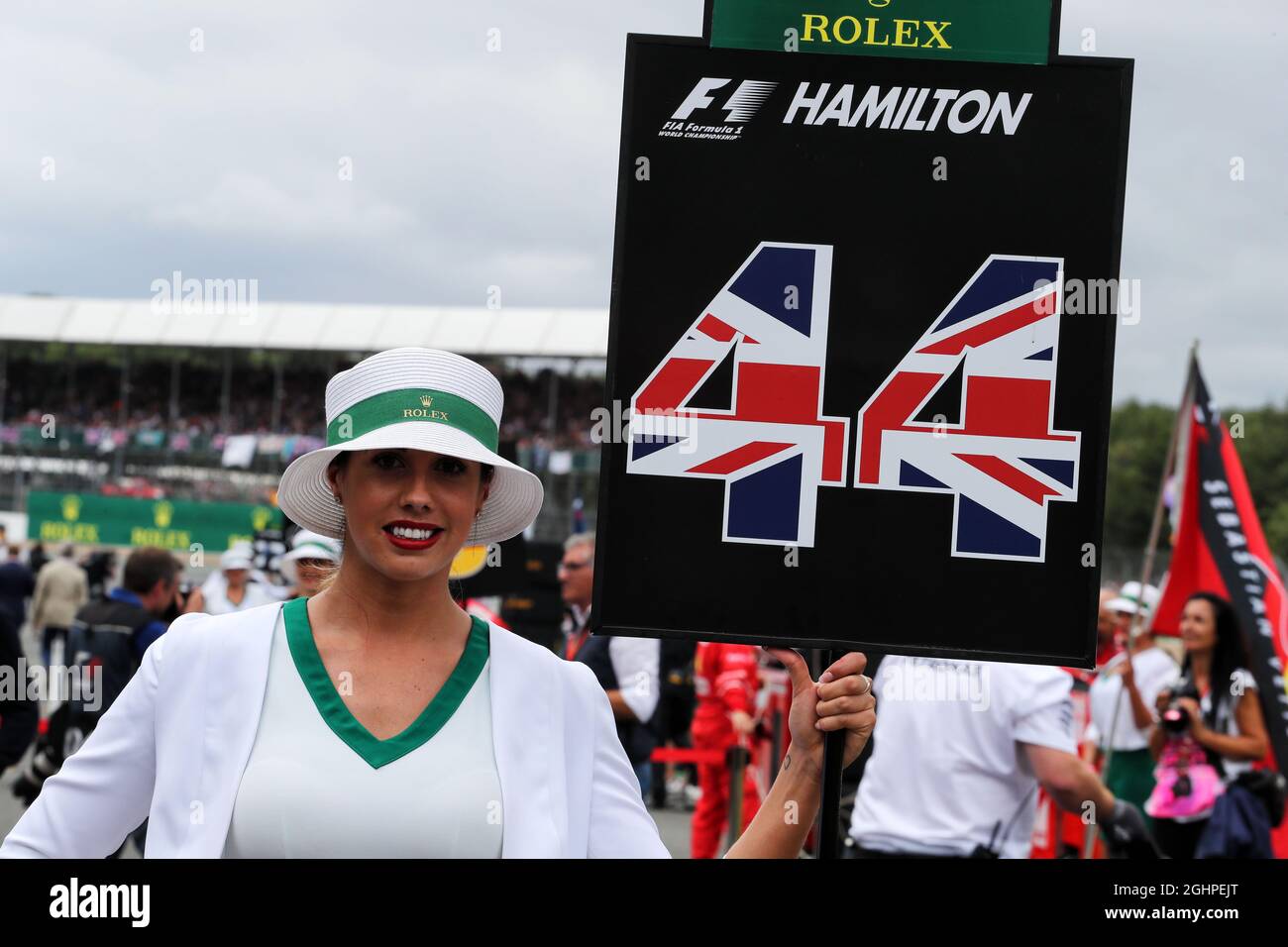Grid girl for Lewis Hamilton (GBR) Mercedes AMG F1.  16.07.2017. Formula 1 World Championship, Rd 10, British Grand Prix, Silverstone, England, Race Day.  Photo credit should read: XPB/Press Association Images. Stock Photo
