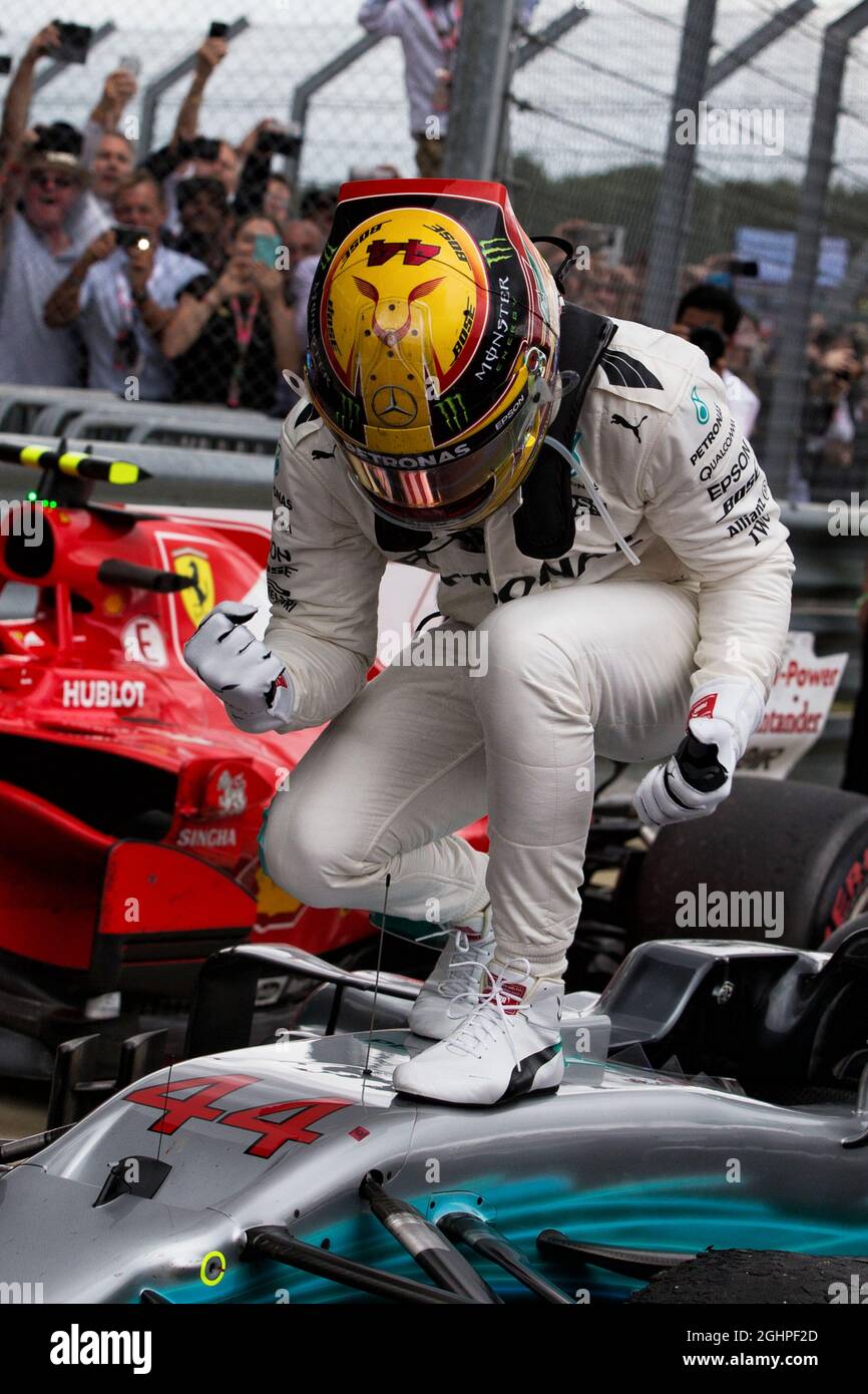 Race winner Lewis Hamilton (GBR) Mercedes AMG F1 W08 celebrates in parc ...
