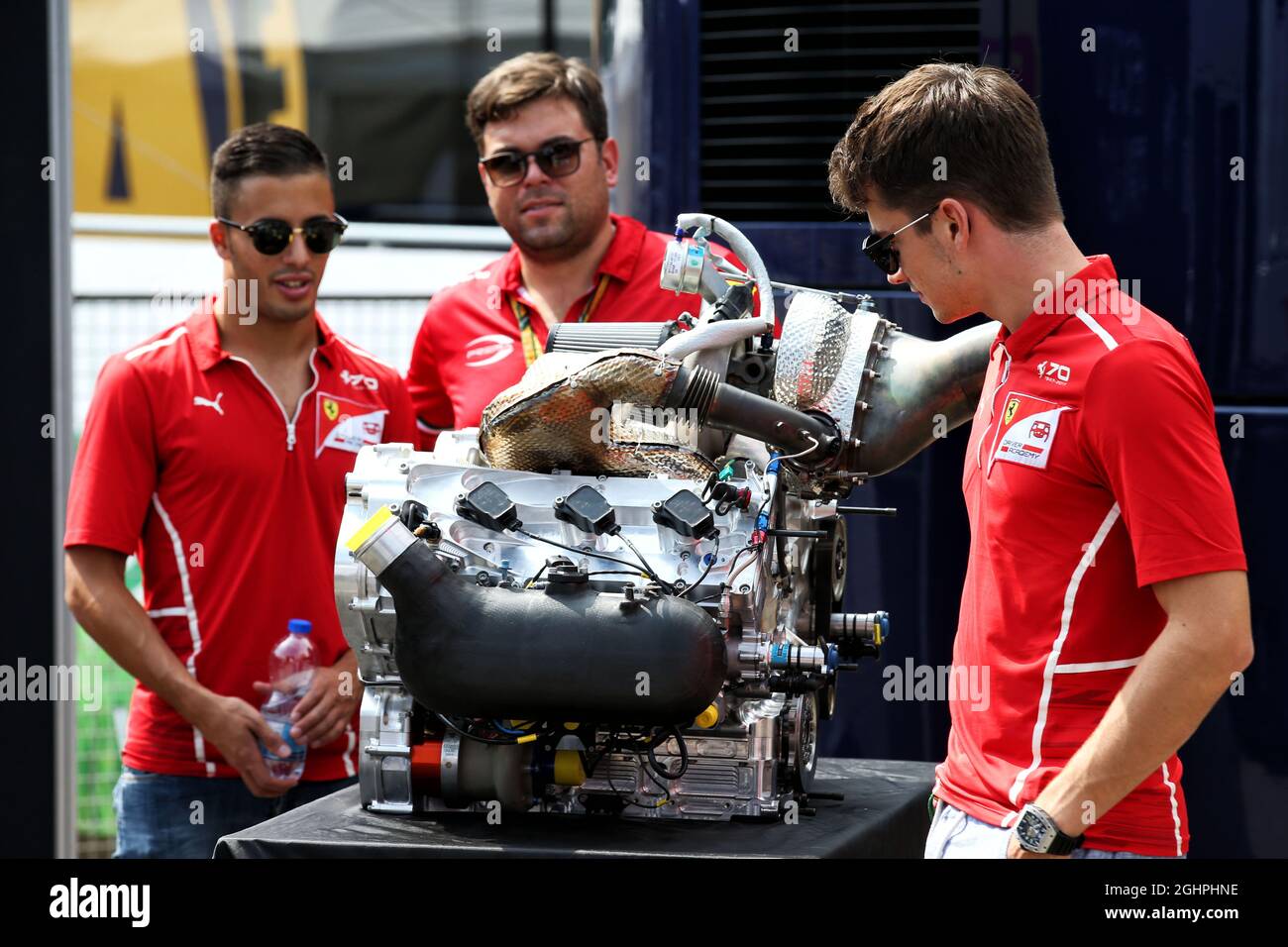 Charles Leclerc (MON) Ferrari Test Driver (Right) with the new F2 engine.  31.08.2017. Formula 1 World Championship, Rd 13, Italian Grand Prix, Monza, Italy, Preparation Day.  Photo credit should read: XPB/Press Association Images. Stock Photo