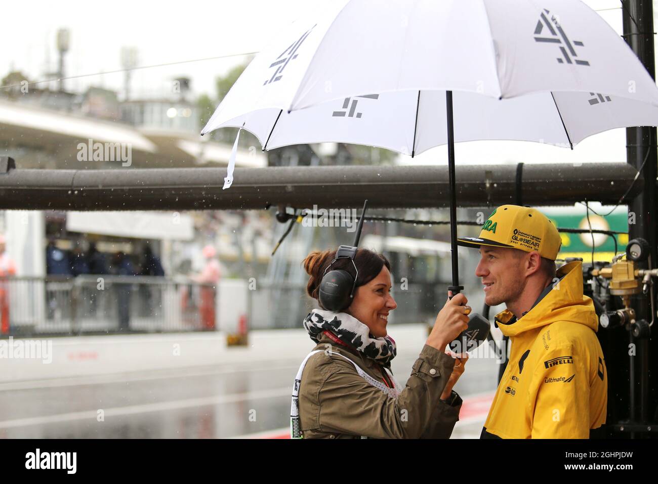 (L to R): Lee McKenzie (GBR) Channel 4 F1 Presenter with Nico Hulkenberg (GER) Renault Sport F1 Team.  02.09.2017. Formula 1 World Championship, Rd 13, Italian Grand Prix, Monza, Italy, Qualifying Day.  Photo credit should read: XPB/Press Association Images. Stock Photo