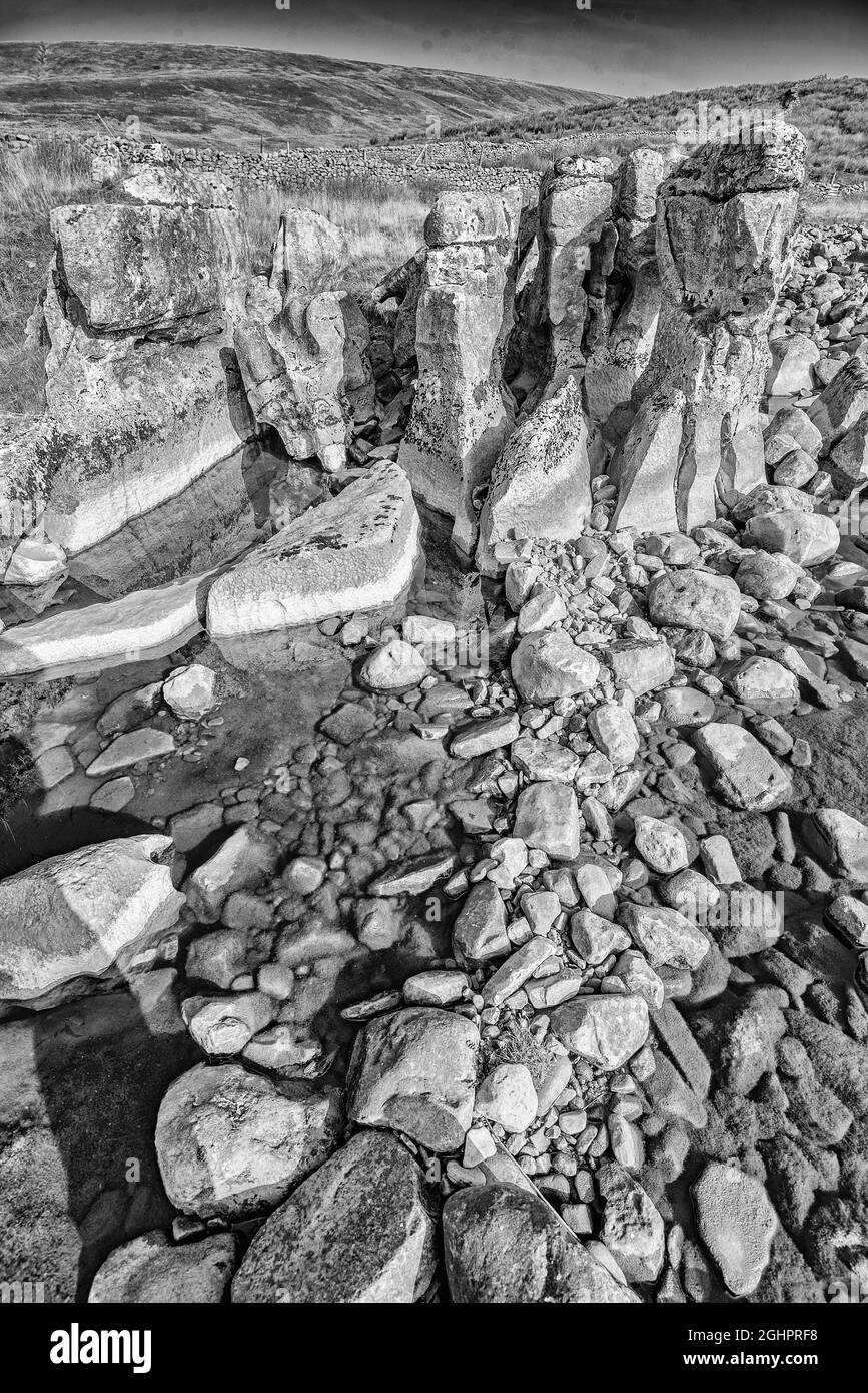 Winterscales beck is  below the slopes of Whernside. The beck was at very low water exposing pillars of stone and a boulder strewn bed. Stock Photo
