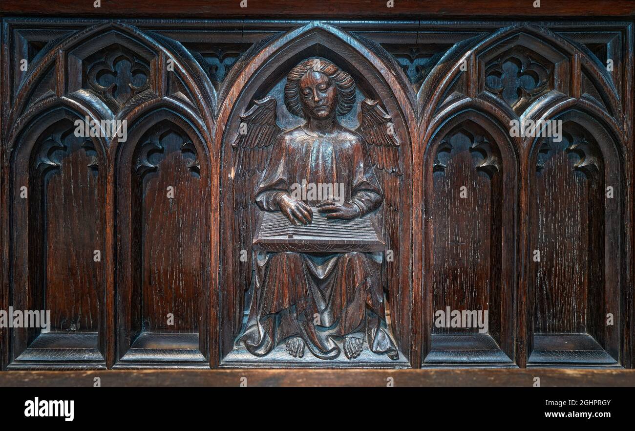 Carved wooden panel (of an angel playing a musical instrument) on a stall in the choir of the cathedral at Lincoln, England. Stock Photo