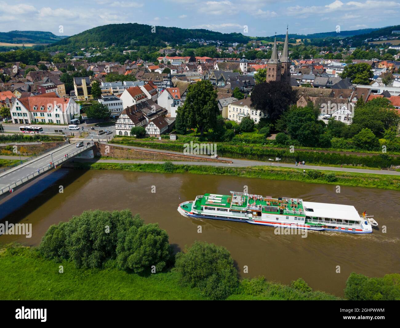 Drone shot of the Weser with excursion steamer, Hoexter, Weserbergland, North Rhine-Westphalia, Germany Stock Photo