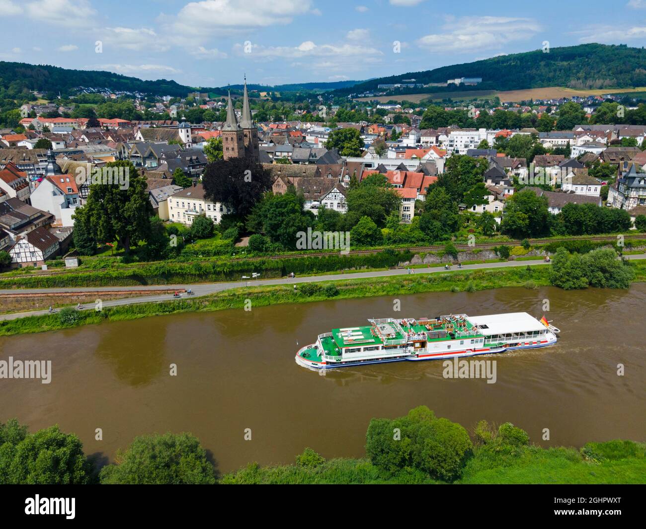 Drone shot of the Weser with excursion steamer, Hoexter, Weserbergland, North Rhine-Westphalia, Germany Stock Photo