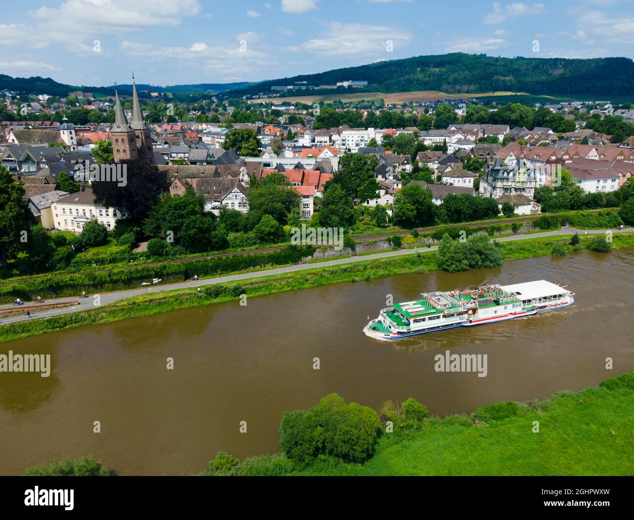 Drone shot of the Weser with excursion steamer, Hoexter, Weserbergland, North Rhine-Westphalia, Germany Stock Photo