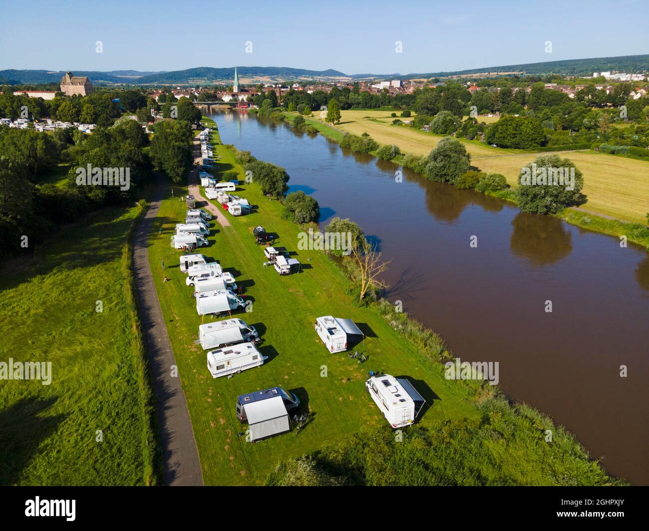 Drone Shot Of The River Weser With RV Park Holzminden Weserbergland 