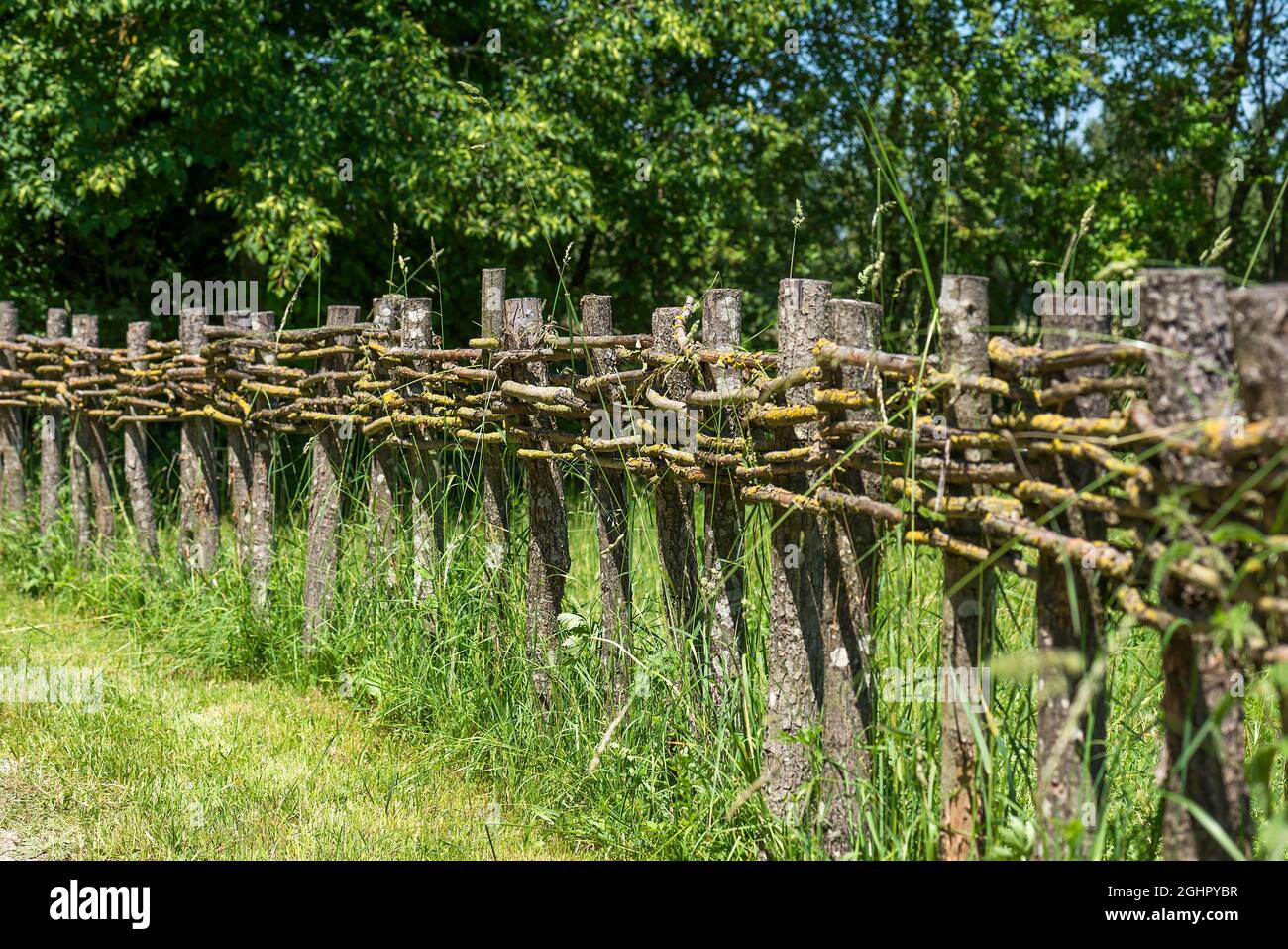 Wooden fence connected with thin branches in wickerwork, Franconian Open Air Museum, Bad Windsheim, Middle Franconia, Bavaria, Germany Stock Photo