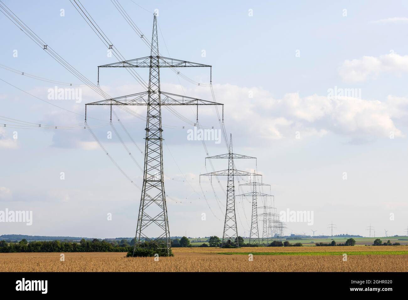 Power pylons, high-voltage lines, Lower Franconia, Bavaria, Germany Stock Photo