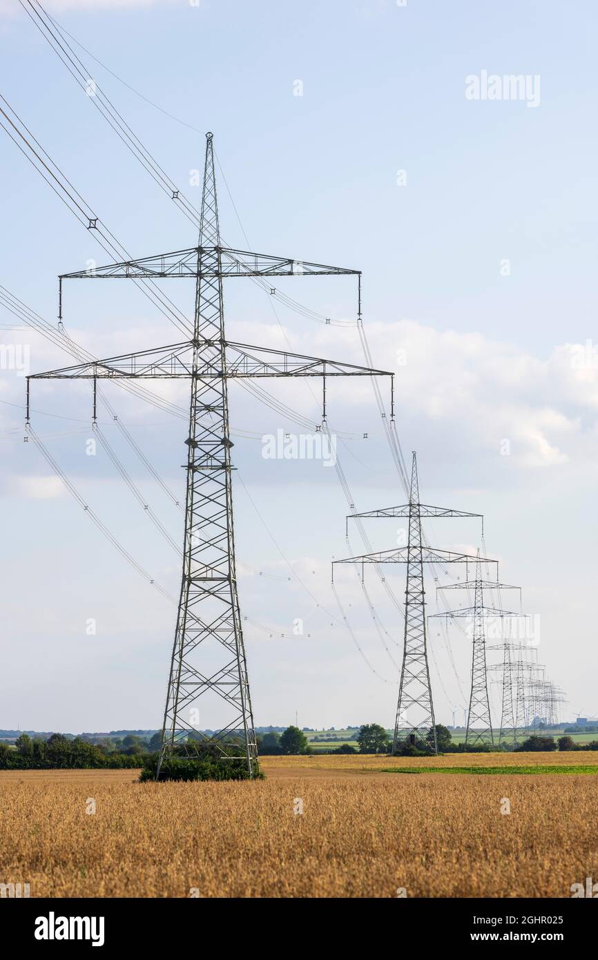 Power pylons, high-voltage lines, Lower Franconia, Bavaria, Germany Stock Photo