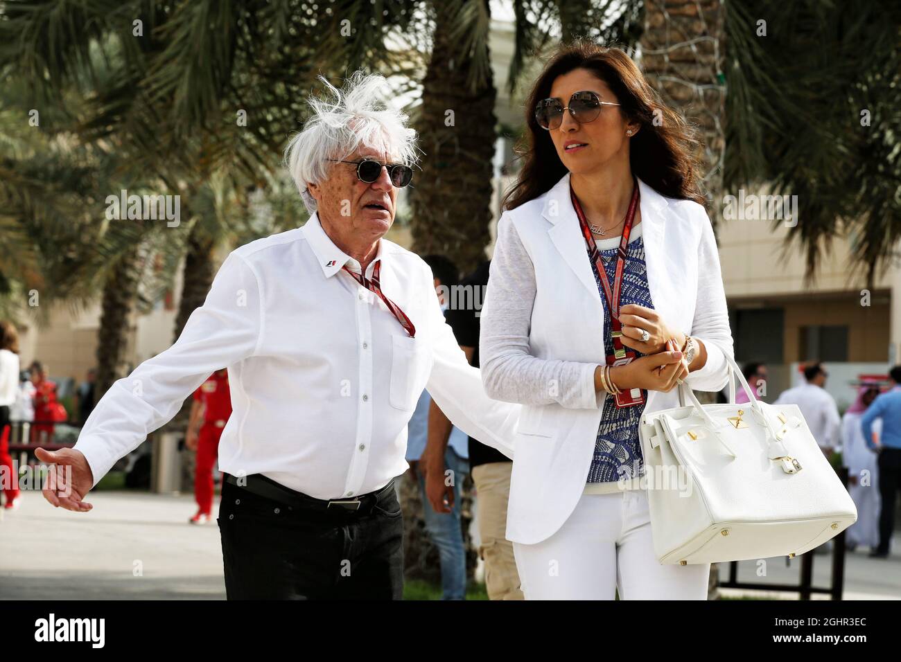 Bernie Ecclestone (GBR) with his wife Fabiana Flosi (BRA).  08.04.2018. Formula 1 World Championship, Rd 2, Bahrain Grand Prix, Sakhir, Bahrain, Race Day.  Photo credit should read: XPB/Press Association Images. Stock Photo