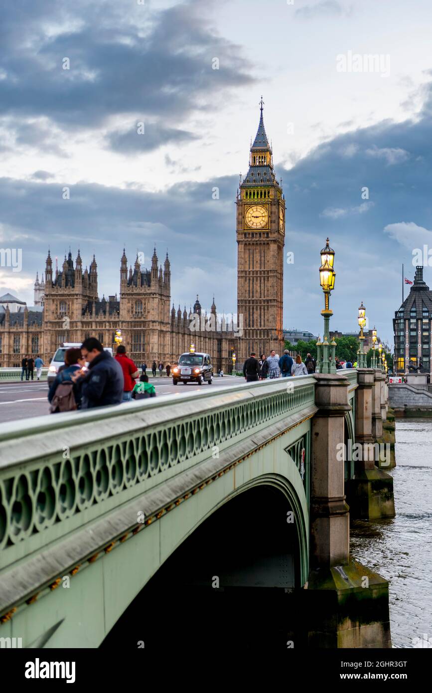 View of Westminster Bridge, Palace of Westminster, Houses of Parliament, Big Ben, at dusk, City of Westminster, London, England, United Kingdom Stock Photo