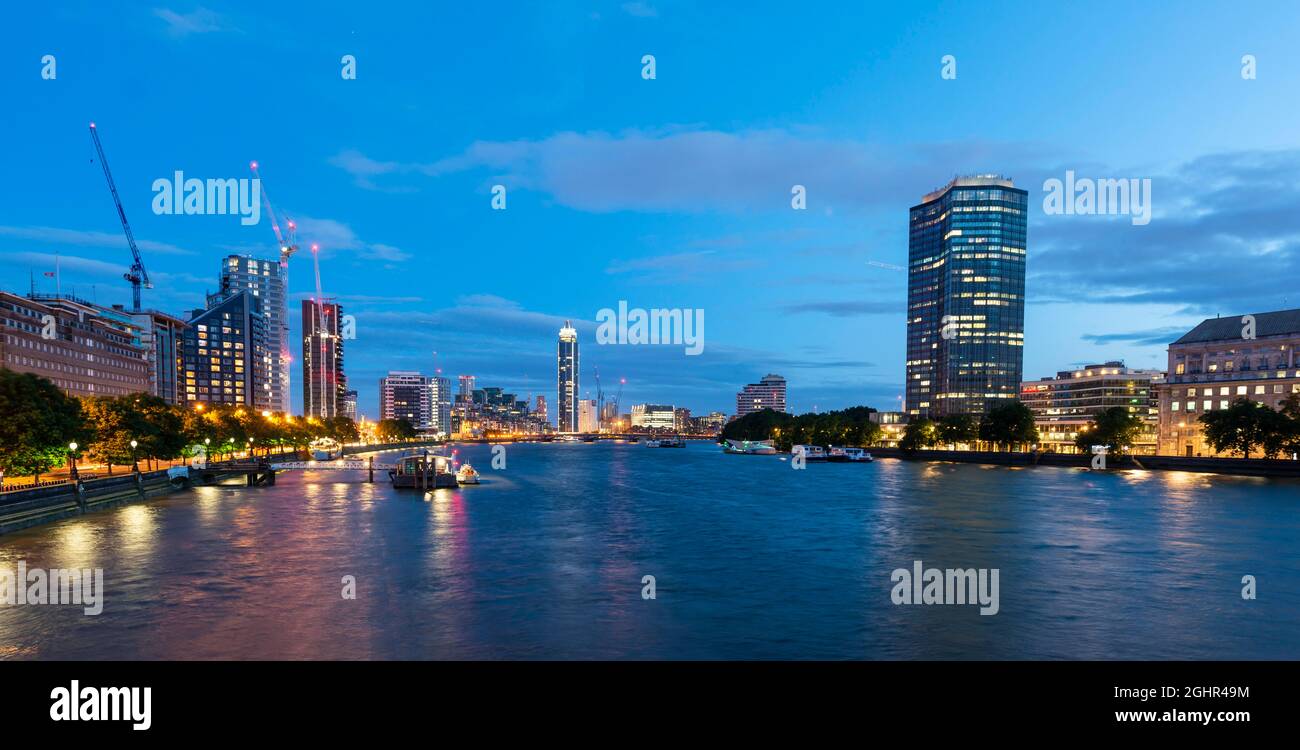 View from Lambeth bridge, skyscrapers next to the River Thames, twilight, districts of Millbank and Vauxhall, London, England, Great Britain Stock Photo