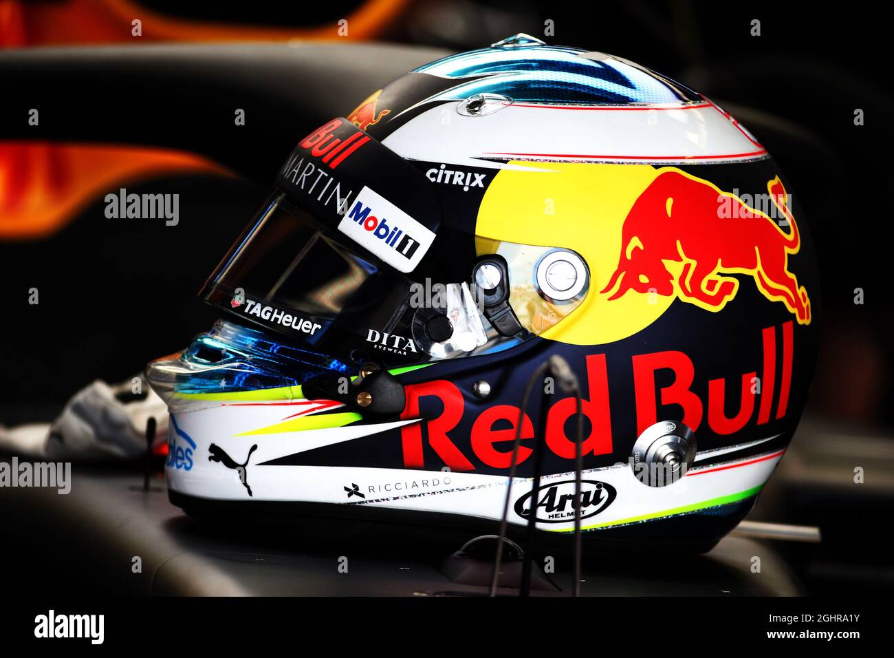 The helmet of Daniel Ricciardo (AUS) Red Bull Racing RB14. 09.06.2018.  Formula 1 World Championship, Rd 7, Canadian Grand Prix, Montreal, Canada,  Qualifying Day. Photo credit should read: XPB/Press Association Images Stock