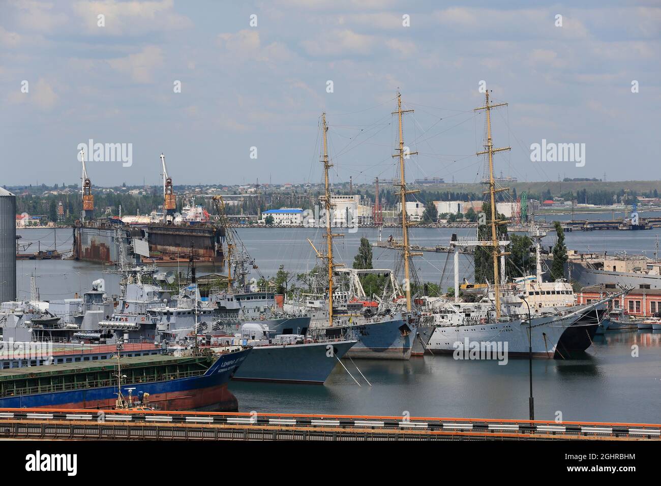 Naval port Odessa with windjammer Druzhba and decommissioned warships of the Black Sea Fleet, Odessa, Ukraine Stock Photo