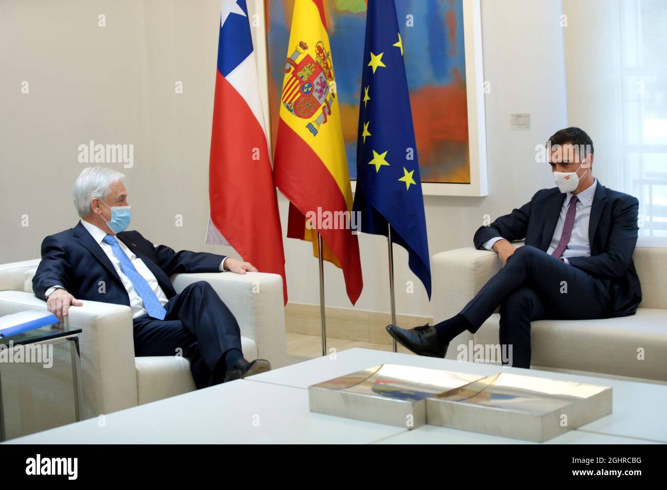 Madrid Spain; 07.09.2021.- President of Chile, Sebastián Piñera, receives  his Spanish counterpart Pedro Sánchez at the Moncloa Palace, during a tour  of Europe and his visit to Spain, and they have lunch