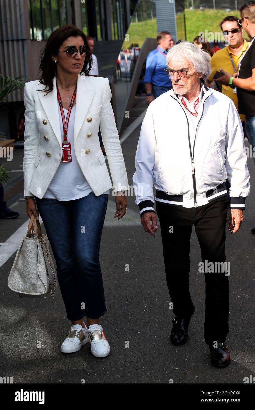 Bernie Ecclestone (GBR) with his wife Fabiana Flosi (BRA).  30.06.2018. Formula 1 World Championship, Rd 9, Austrian Grand Prix, Spielberg, Austria, Qualifying Day.  Photo credit should read: XPB/Press Association Images. Stock Photo