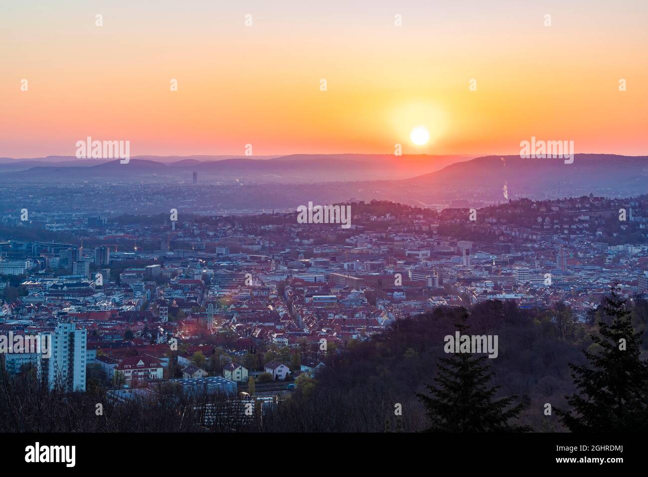 View from Birkenkopf over Stuttgart at sunrise, Monte Scherbelino, Stuttgart-West, Stuttgart, Baden-Wuerttemberg, Germany Stock Photo