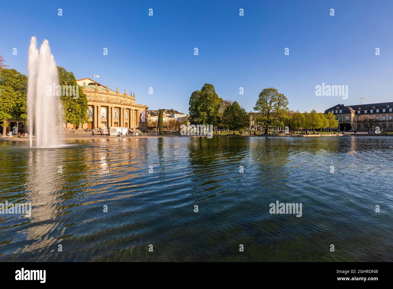 State Opera, State Parliament and New Palace in the Palace Garden, Fountain, Eckensee, Park, Stuttgart, Baden-Wuerttemberg, Germany Stock Photo