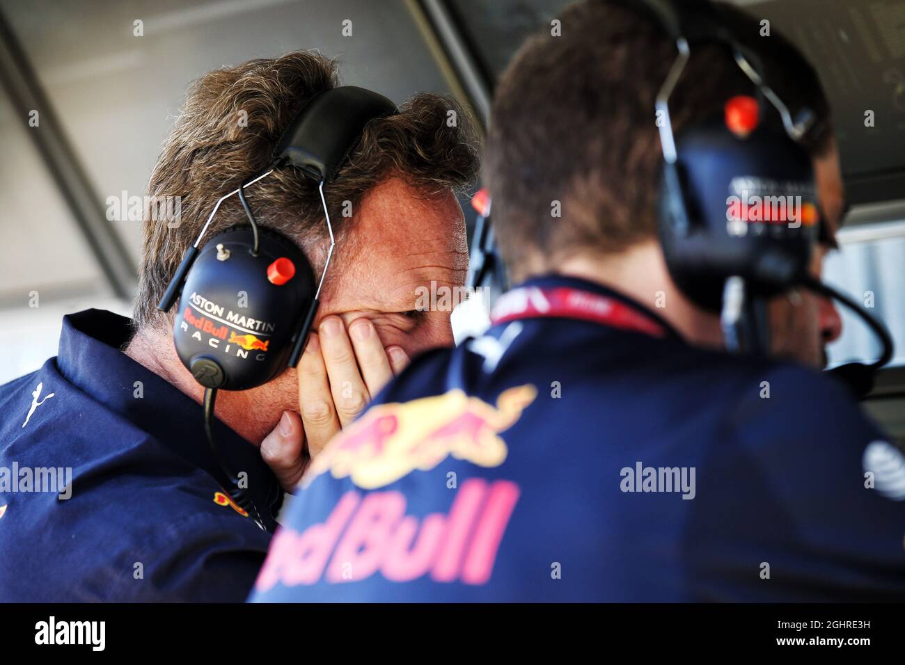 Christian Horner (GBR) Red Bull Racing Team Principal and Guillaume Rocquelin (ITA) Red Bull Racing Head of Race Engineering on the pit gantry.  06.07.2018. Formula 1 World Championship, Rd 10, British Grand Prix, Silverstone, England, Practice Day.  Photo credit should read: XPB/Press Association Images. Stock Photo