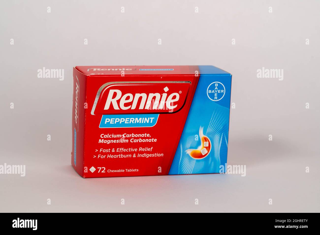 A box of Rennie indigestion tablets on a white background Stock Photo