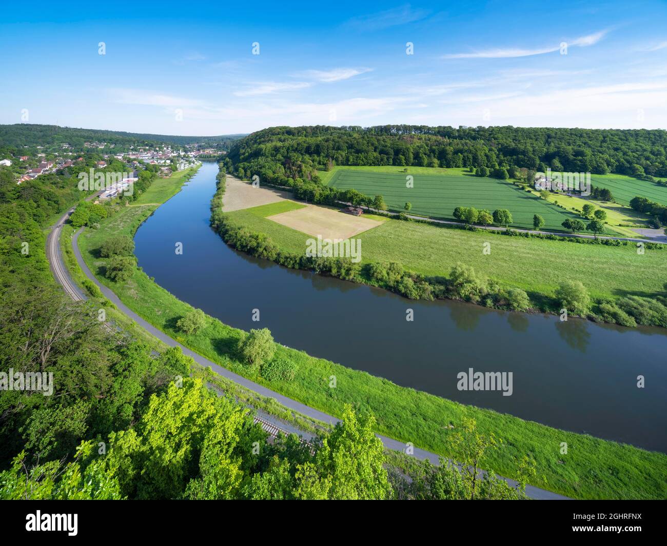 View from the Weser-Skywalk on the river Weser towards Bad Karlshafen,  Beverungen, Hoexter, East Westphalia, Weserbergland, North Rhine-Westphalia  Stock Photo - Alamy