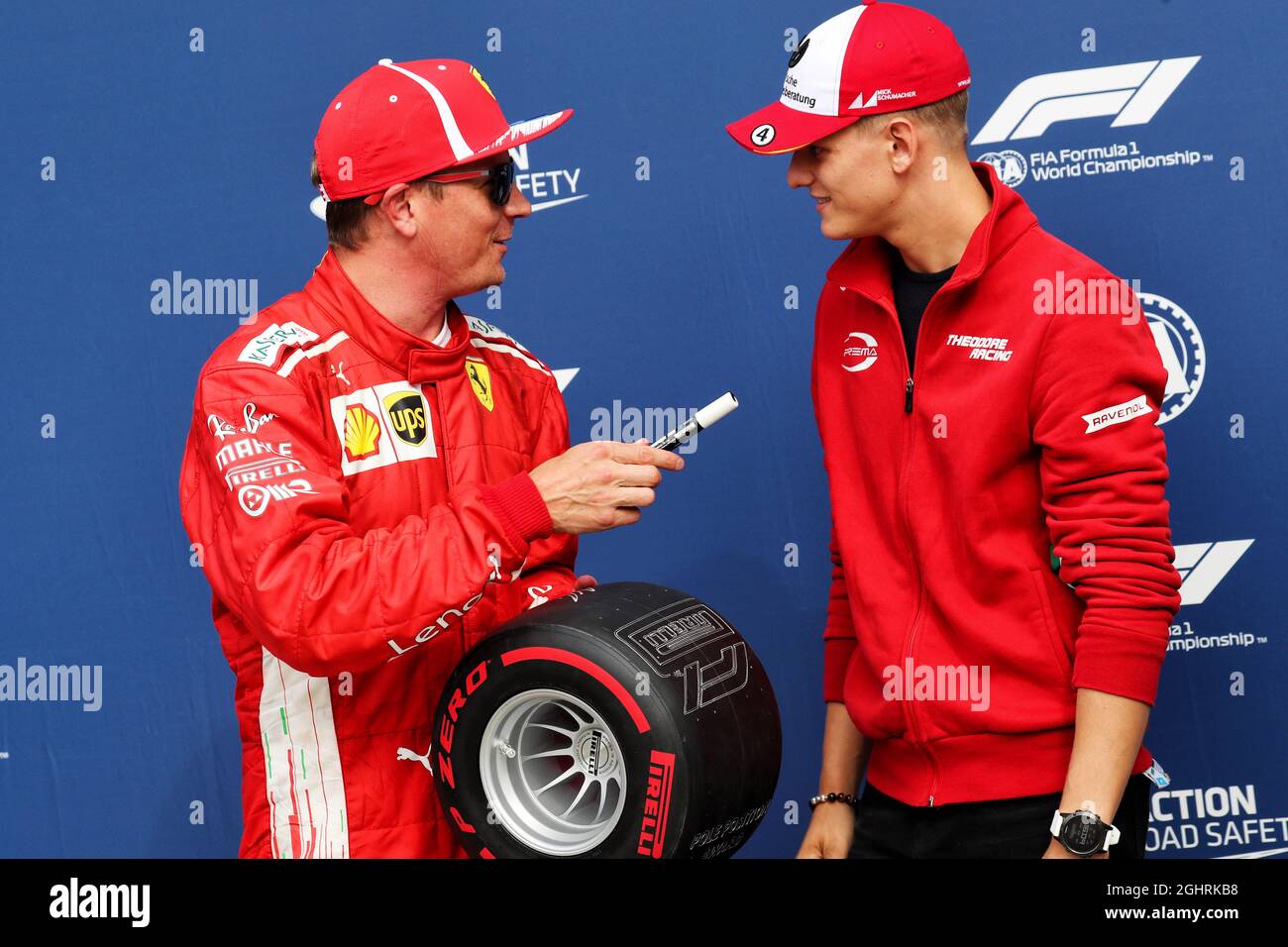 Kimi Raikkonen (FIN) Ferrari receives the Pirelli pole position award from  Mick Schumacher (GER) Formula Three Driver. 01.09.2018. Formula 1 World  Championship, Rd 14, Italian Grand Prix, Monza, Italy, Qualifying Day. Photo