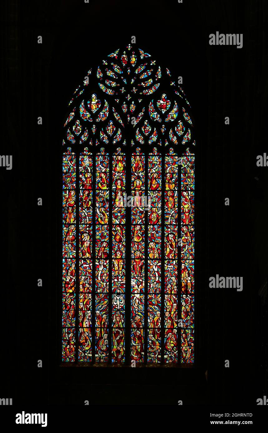 Stained glass window in transept, Cathedral, Basilka Saint-Tugdual, Treguier, Cotes-d'Armor, Brittany, France Stock Photo