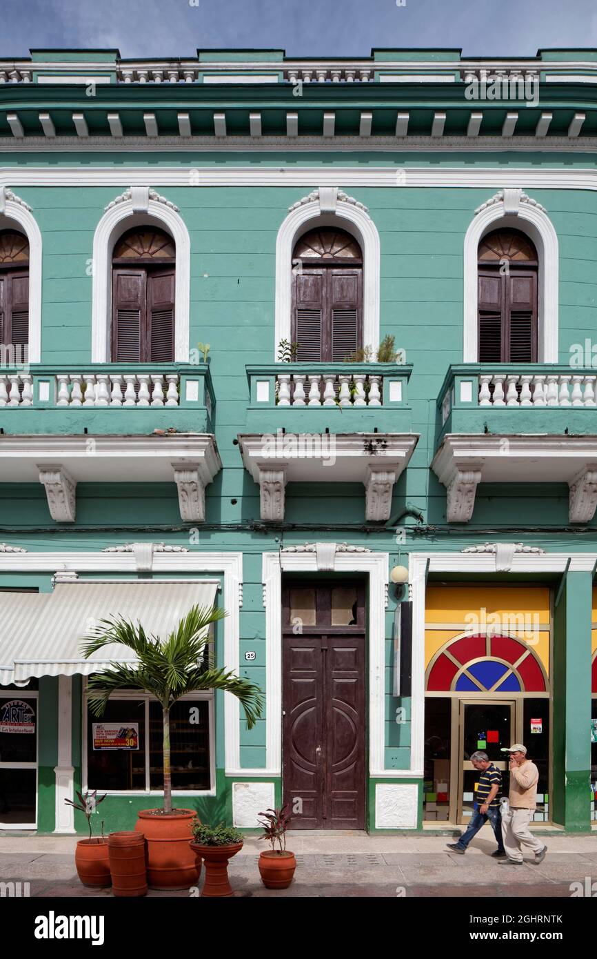 Facade of colonial house from Spanish colonial period, green, Sancti Spiritus, Central Cuba, Sancti Spiritus Province, Caribbean, Cuba Stock Photo