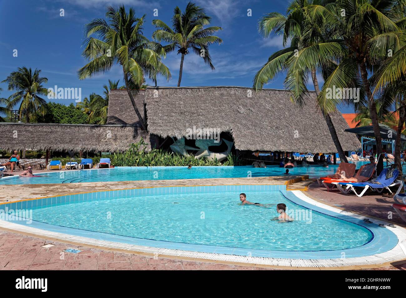 Pool, pool bar with palm leaf roof, coconut palms (Cocos nusifera) Hotel Brisas, Playa St. Lucia, Camagueey Province, Caribbean, Cuba Stock Photo