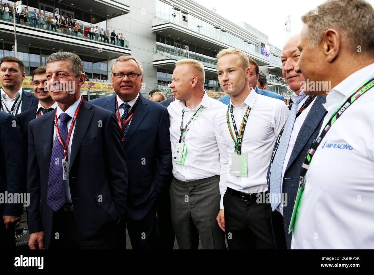 Dmitry Kozak (RUS) Russian Deputy Prime Minister with Dmitry Mazepin (BLR) Uralchem Chairman; Nikita Mazepin (RUS); and Boris Rotenberg (RUS) SMP Bank and SGM Group Co-Owner on the grid.  30.09.2018. Formula 1 World Championship, Rd 16, Russian Grand Prix, Sochi Autodrom, Sochi, Russia, Race Day.  Photo credit should read: XPB/Press Association Images. Stock Photo